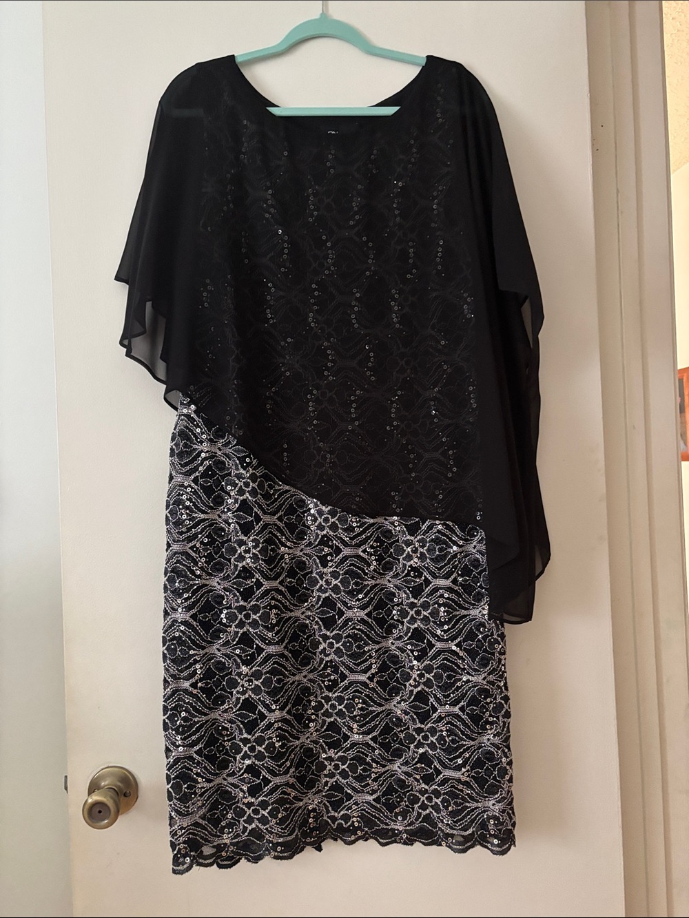 Ronni Nicole Black Beaded Overlay Midi Dress with Silver Lace Skirt